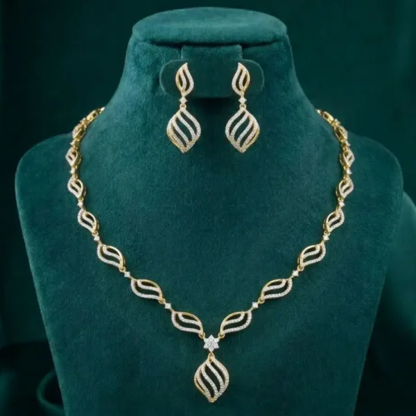 Golden Leaf Wave Diamond Necklace Set featuring flowing leaf-inspired wave patterns adorned with sparkling lab-grown diamonds and matching earrings.