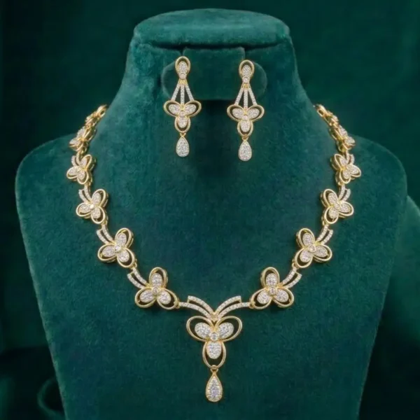 Golden Petal Diamond Necklace Set featuring elegant petal-inspired motifs adorned with sparkling lab-grown diamonds and matching sophisticated earrings.