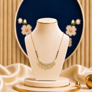 Golden Swirl Lab Grown Diamond Mangalsutra featuring graceful swirl-inspired motifs adorned with sparkling lab-grown diamonds and elegant black bead chain detailing.