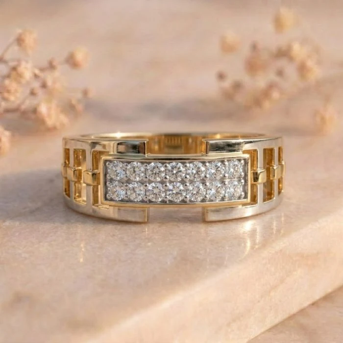 Grid Link Double Pavé Diamond Ring Grid Link Double Pavé Diamond Ring featuring interlinked grid-inspired detailing adorned with double pavé-set lab-grown diamonds and a sleek modern finish.