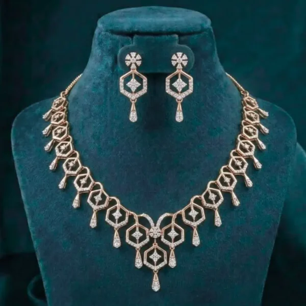 Hexa Glow Diamond Necklace Set featuring elegant hexagonal motifs adorned with sparkling lab-grown diamonds and matching radiant earrings.