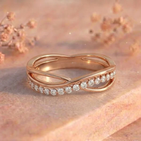 Infinity Crossover Double Pavé Yellow Gold Band Ring featuring an elegant infinity-inspired crossover design adorned with double pavé-set lab-grown diamonds in yellow gold.