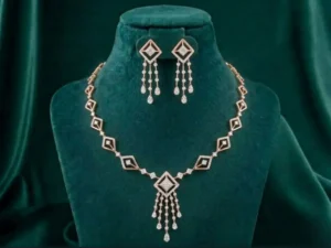 Kite Tassel Diamond Necklace Set featuring elegant kite-shaped motifs with cascading tassel detailing adorned with sparkling lab-grown diamonds and matching earrings.