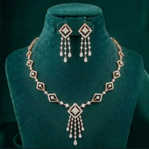 Kite Tassel Diamond Necklace Set featuring elegant kite-shaped motifs with cascading tassel detailing adorned with sparkling lab-grown diamonds and matching earrings.