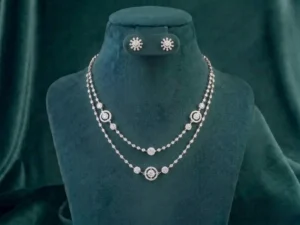 Exquisite layered halo diamond necklace and earring set shimmering on a white marble surface.
