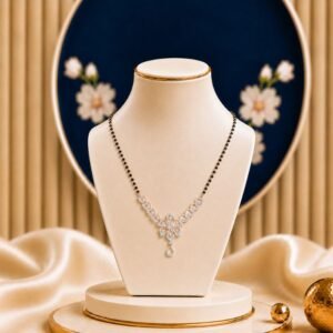 Leaf Design Diamond and Rose Gold Mangalsutra featuring elegant leaf-inspired motifs adorned with sparkling lab-grown diamonds in a luxurious rose gold finish with black bead chain detailing.