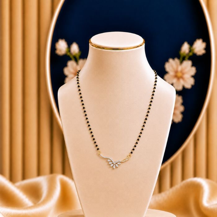 Leaf Sweep Lab Grown Diamond Mangalsutra Leaf Sweep Lab Grown Diamond Mangalsutra featuring graceful sweeping leaf-inspired motifs adorned with sparkling lab-grown diamonds and elegant black bead chain detailing.