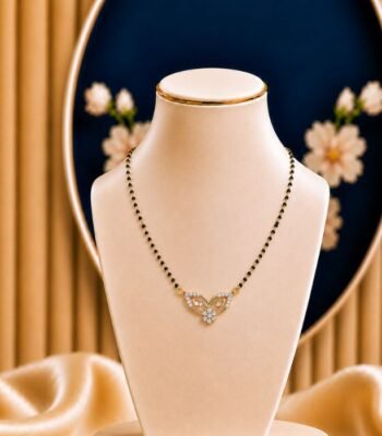 Lotus Wing Lab Grown Diamond Mangalsutra featuring elegant lotus and wing-inspired motifs adorned with sparkling lab-grown diamonds and refined black bead chain detailing.