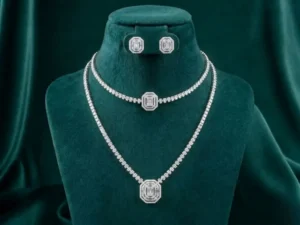 Luxury Emerald Shape Layered Diamond Necklace Set featuring layered emerald-cut designs adorned with sparkling lab-grown diamonds and matching earrings.