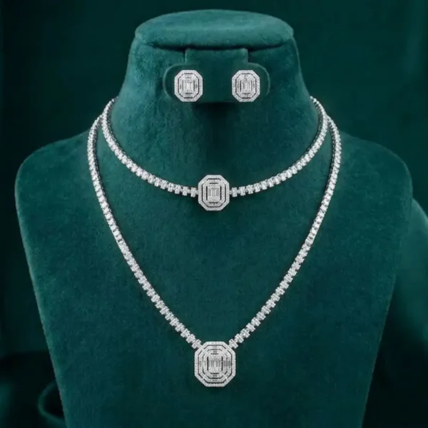 Luxury Emerald Shape Layered Diamond Necklace Set featuring layered emerald-cut designs adorned with sparkling lab-grown diamonds and matching earrings.