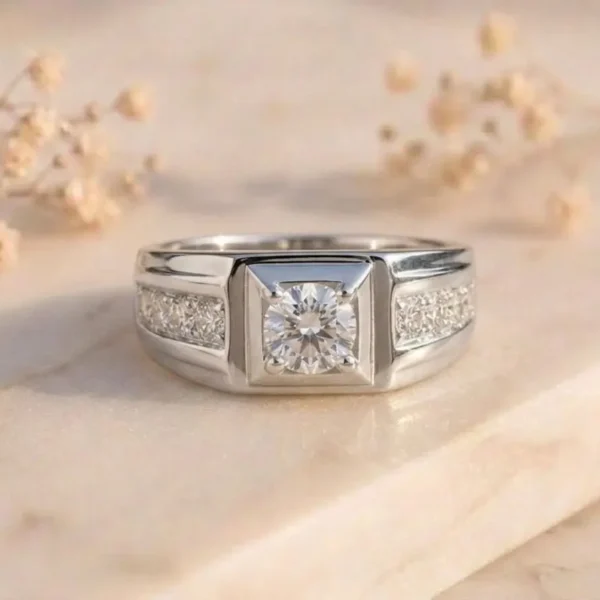 Majestic Solitaire Men’s Ring featuring a bold luxury design with a brilliant lab-grown solitaire diamond and sleek polished finish.
