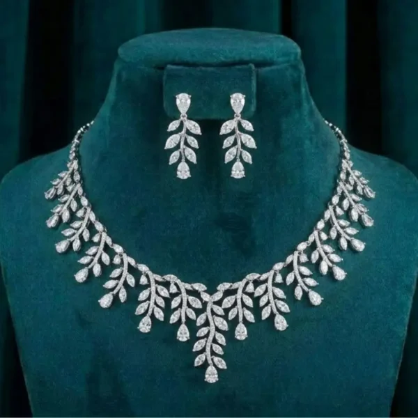 Marquise Leaf Cascade Diamond Set featuring graceful marquise-shaped leaf motifs with cascading detailing adorned with sparkling lab-grown diamonds and matching earrings