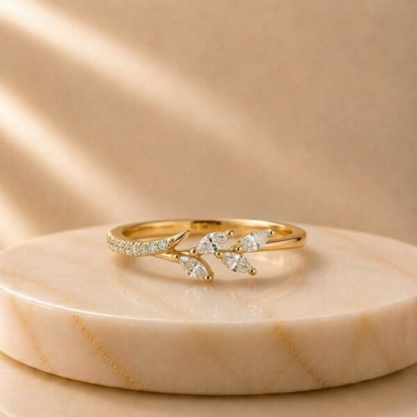 Marquise Leaf Open Diamond Ring featuring elegant marquise-shaped leaf motifs in an open band design adorned with sparkling lab-grown diamonds.