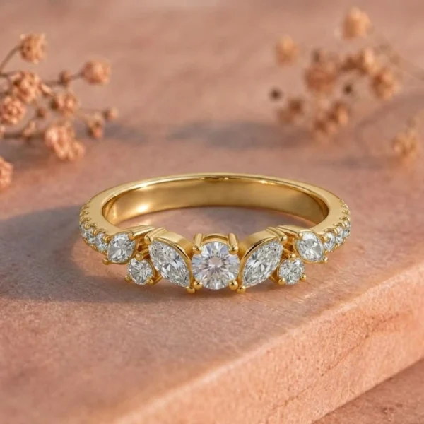 Marquise Pavé Cluster Solitaire Yellow Gold Ring featuring a marquise-inspired pavé diamond cluster with a sparkling solitaire design in elegant yellow gold.