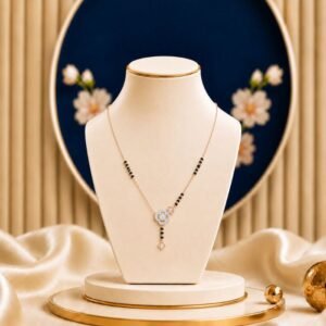 Mesmerising Clover Design Diamond Mangalsutra featuring elegant clover-inspired motifs adorned with sparkling lab-grown diamonds and refined black bead chain detailing.