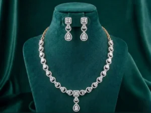 Mixed Mosaic Diamond Necklace Set featuring intricate mosaic-inspired patterns adorned with sparkling lab-grown diamonds and matching elegant earrings.