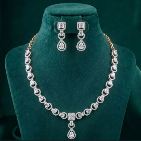 Mixed Mosaic Diamond Necklace Set featuring intricate mosaic-inspired patterns adorned with sparkling lab-grown diamonds and matching elegant earrings.
