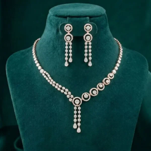 Modern Circle Cascade Diamond Jewellery Set featuring cascading circular patterns embellished with sparkling lab-grown diamonds and matching earrings.