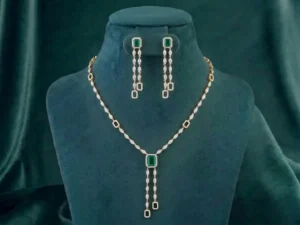 Modern diamond necklace set with a geometric pendant design featuring brilliant cut CVD diamonds in a high-polish