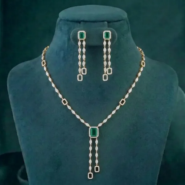 Modern diamond necklace set with a geometric pendant design featuring brilliant cut CVD diamonds in a high-polish