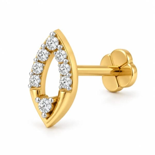 Side view of Marquise Aura Lab Grown Diamond Nose Pin showing the yellow gold marquise frame, round diamonds, post and secure back lock.