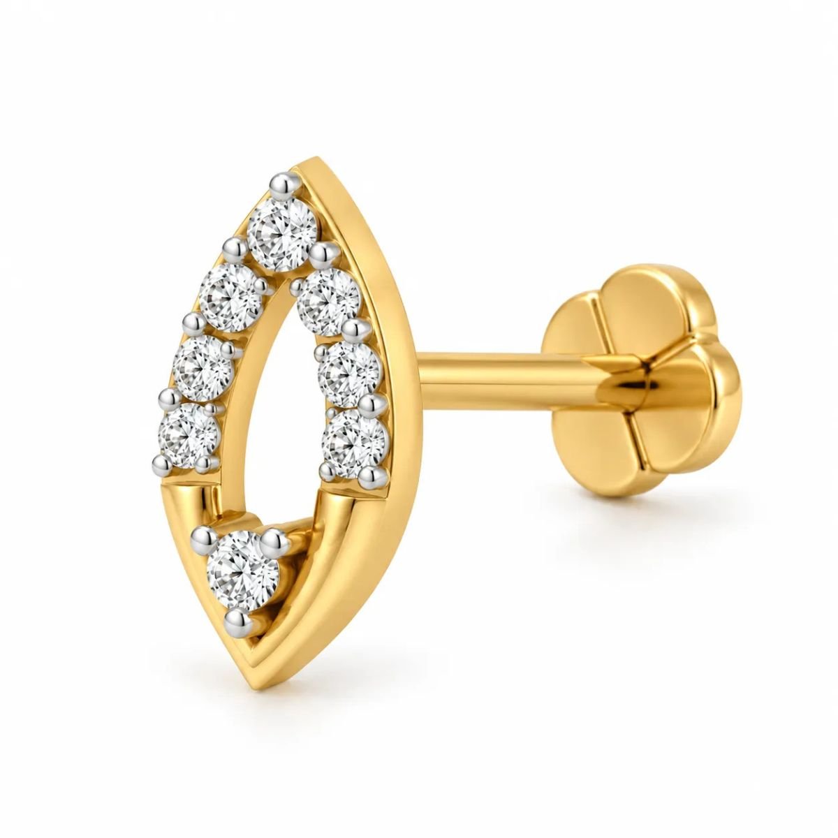 Marquise Aura Lab Grown Diamond Nose Pin – Side View Side view of Marquise Aura Lab Grown Diamond Nose Pin showing the yellow gold marquise frame, round diamonds, post and secure back lock.