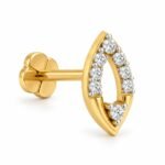 Right-facing side view of Marquise Aura Lab Grown Diamond Nose Pin with sparkling round diamonds, yellow gold frame and visible post and back lock.