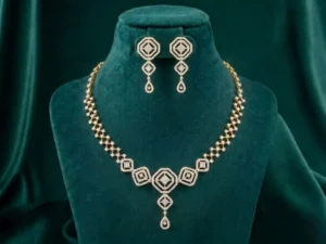 Octagon Pavé Geometric Necklace Set featuring modern octagonal patterns adorned with shimmering pavé-set stones and matching elegant earrings.