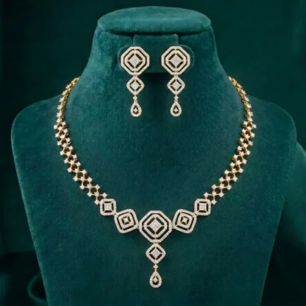 Octagon Pavé Geometric Necklace Set featuring modern octagonal patterns adorned with shimmering pavé-set stones and matching elegant earrings.