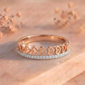 Open Heart Eternity Pavé Double Band Rose Gold Ring featuring elegant open heart motifs with pavé-set lab-grown diamonds in a stylish double-band rose gold design.