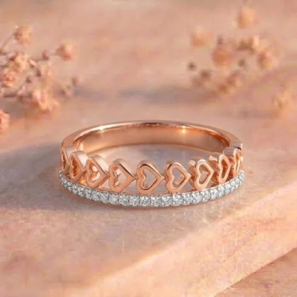 Open Heart Eternity Pavé Double Band Rose Gold Ring featuring elegant open heart motifs with pavé-set lab-grown diamonds in a stylish double-band rose gold design.
