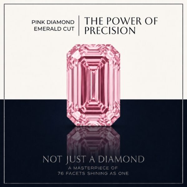 Loose fancy vivid pink emerald cut diamond showing clean step-cut faceting and linear light reflections on a soft white surface.