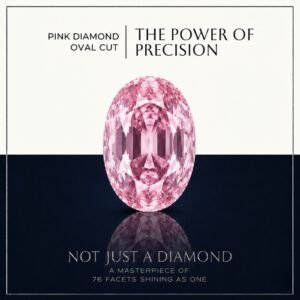 Loose fancy vivid pink oval cut diamond showing clean brilliant faceting and radial light reflections on a graphic background.