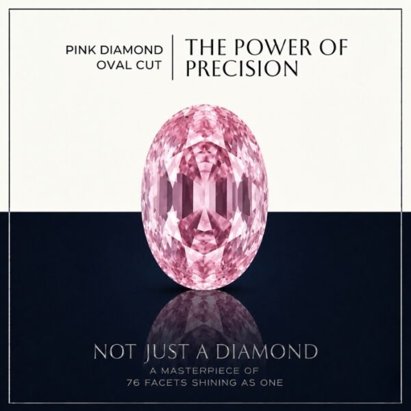 Loose fancy vivid pink oval cut diamond showing clean brilliant faceting and radial light reflections on a graphic background.