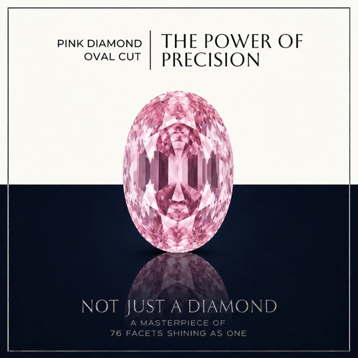 loose-pink-oval-cut-diamond Loose fancy vivid pink oval cut diamond showing clean brilliant faceting and radial light reflections on a graphic background.