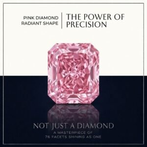 Loose fancy vivid pink [heart/radiant] cut lab grown diamond with brilliant light reflections on a soft white surface.