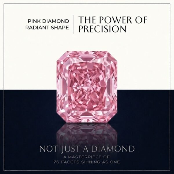 Loose fancy vivid pink [heart/radiant] cut lab grown diamond with brilliant light reflections on a soft white surface.