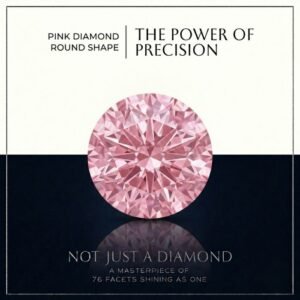 Loose fancy vivid pink round diamond showing ideal facet symmetry and intense sparkle on a crisp white surface.
