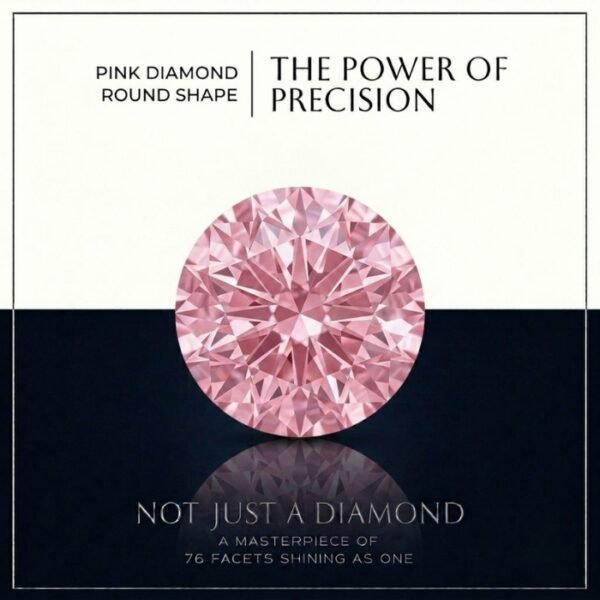 Loose fancy vivid pink round diamond showing ideal facet symmetry and intense sparkle on a crisp white surface.