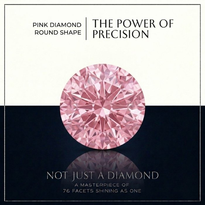 loose-pink-round-diamond Loose fancy vivid pink round diamond showing ideal facet symmetry and intense sparkle on a crisp white surface.