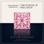 Loose fancy vivid pink princess diamond showing perfect square faceting and brilliant light reflections on a soft white surface.