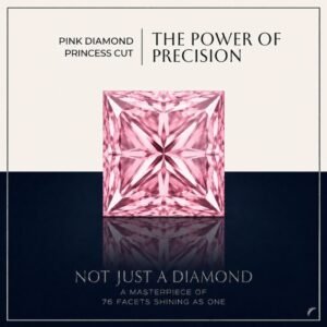 Loose fancy vivid pink princess diamond showing perfect square faceting and brilliant light reflections on a soft white surface.