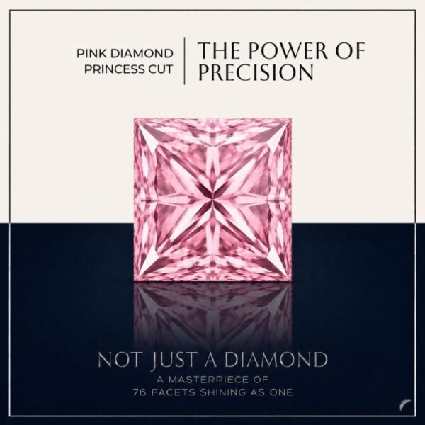 Loose fancy vivid pink princess diamond showing perfect square faceting and brilliant light reflections on a soft white surface.