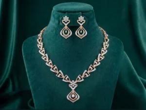 Peacock Arc Diamond Set featuring graceful peacock-inspired arc motifs adorned with sparkling lab-grown diamonds and matching elegant earrings.