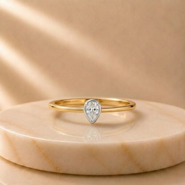 Pear Cut Bezel Solitaire Diamond Ring featuring a sparkling pear-cut lab-grown diamond secured in a sleek bezel setting with elegant modern detailing.