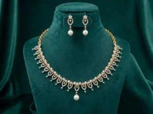 Pearl Vine Diamond Necklace Set featuring graceful vine-inspired patterns adorned with lustrous pearls, sparkling lab-grown diamonds, and matching elegant earrings.