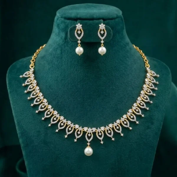 Pearl Vine Diamond Necklace Set featuring graceful vine-inspired patterns adorned with lustrous pearls, sparkling lab-grown diamonds, and matching elegant earrings.