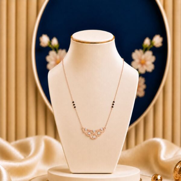 Blossom Smile Lab Grown Diamond Mangalsutra featuring delicate blossom-inspired motifs in a graceful smile-shaped design adorned with sparkling lab-grown diamonds and elegant black bead chain detailing.