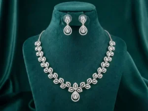 Petal Grace Diamond Necklace Set featuring delicate petal-inspired motifs adorned with sparkling lab-grown diamonds and matching elegant earrings.