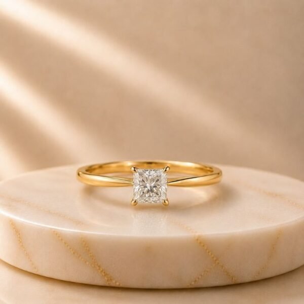Princess Cut Solitaire Yellow Gold Ring featuring a sparkling princess-cut lab-grown diamond set in an elegant polished yellow gold band.